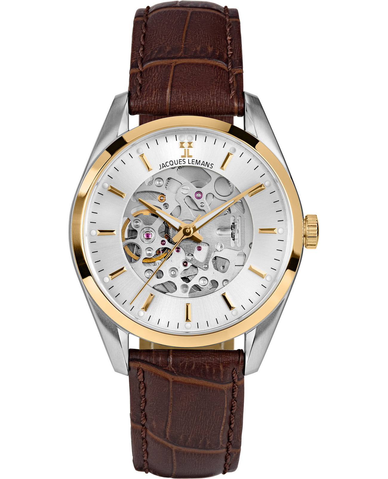 Jacques Lemans Jacques Lemans Automatic 1-2087D  1-2087D механические мужские часы серебристый циферблат, браслет кожаный — вид спереди