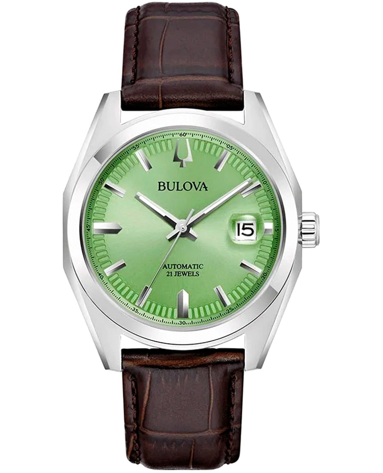 Bulova Bulova Surveyor 96B427  96B427 механические мужские часы зеленый циферблат, браслет кожаный — вид спереди