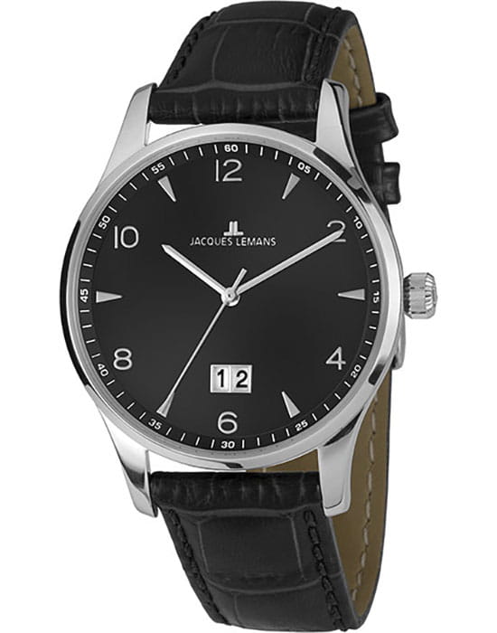 Jacques Lemans Jacques Lemans Classic 1-1862ZA  1-1862ZA кварцевые мужские часы черный циферблат, браслет кожаный — вид спереди