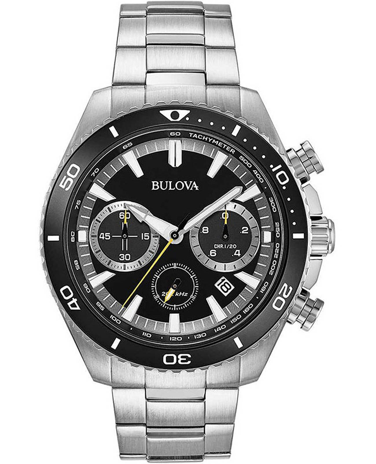 Bulova Bulova High Frequency Quartz 98B298  98B298 кварцевые мужские часы черный циферблат, браслет нержавеющая сталь — вид спереди