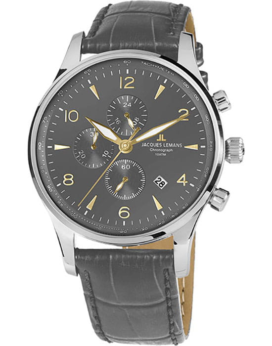 Jacques Lemans Jacques Lemans 1-1844ZI  1-1844Zi кварцевые мужские часы серый циферблат, браслет кожаный — вид спереди