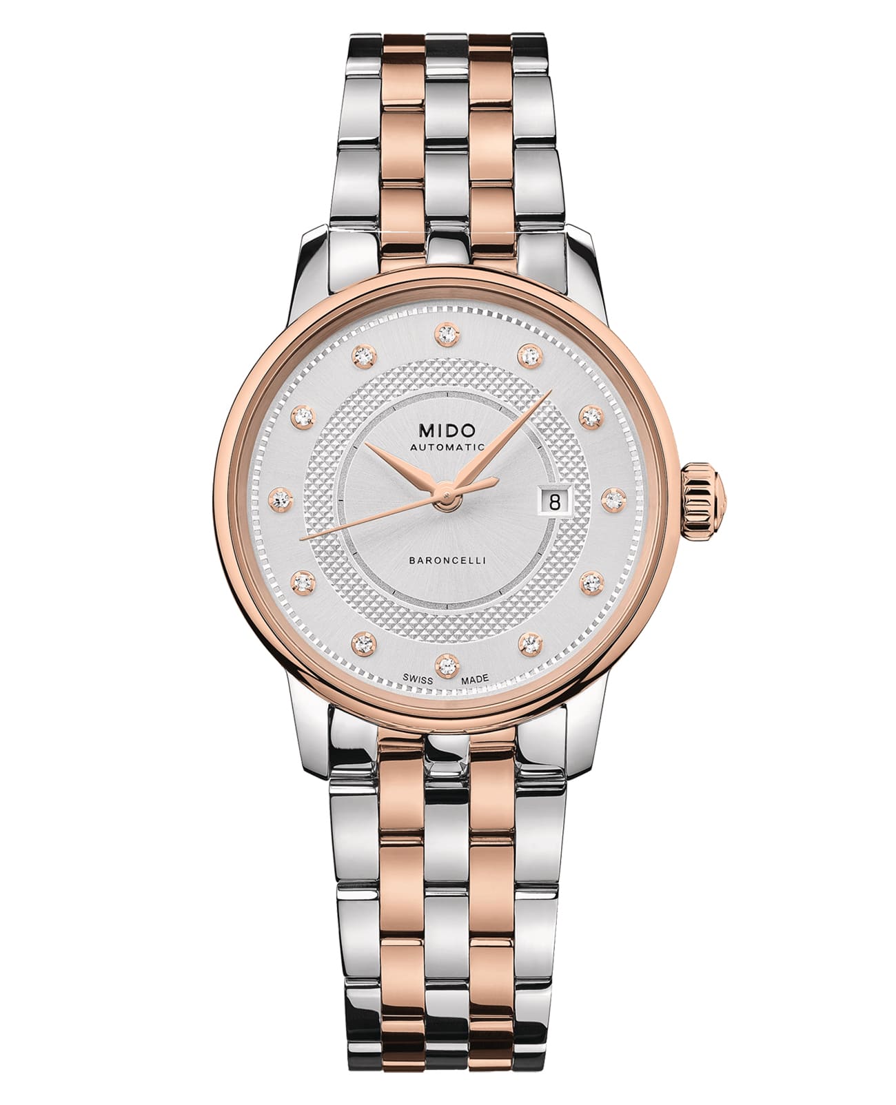 Mido Mido Baroncelli Signature M037.207.22.036.01  M0372072203601 механические женские часы белый циферблат, браслет нержавеющая сталь — вид спереди