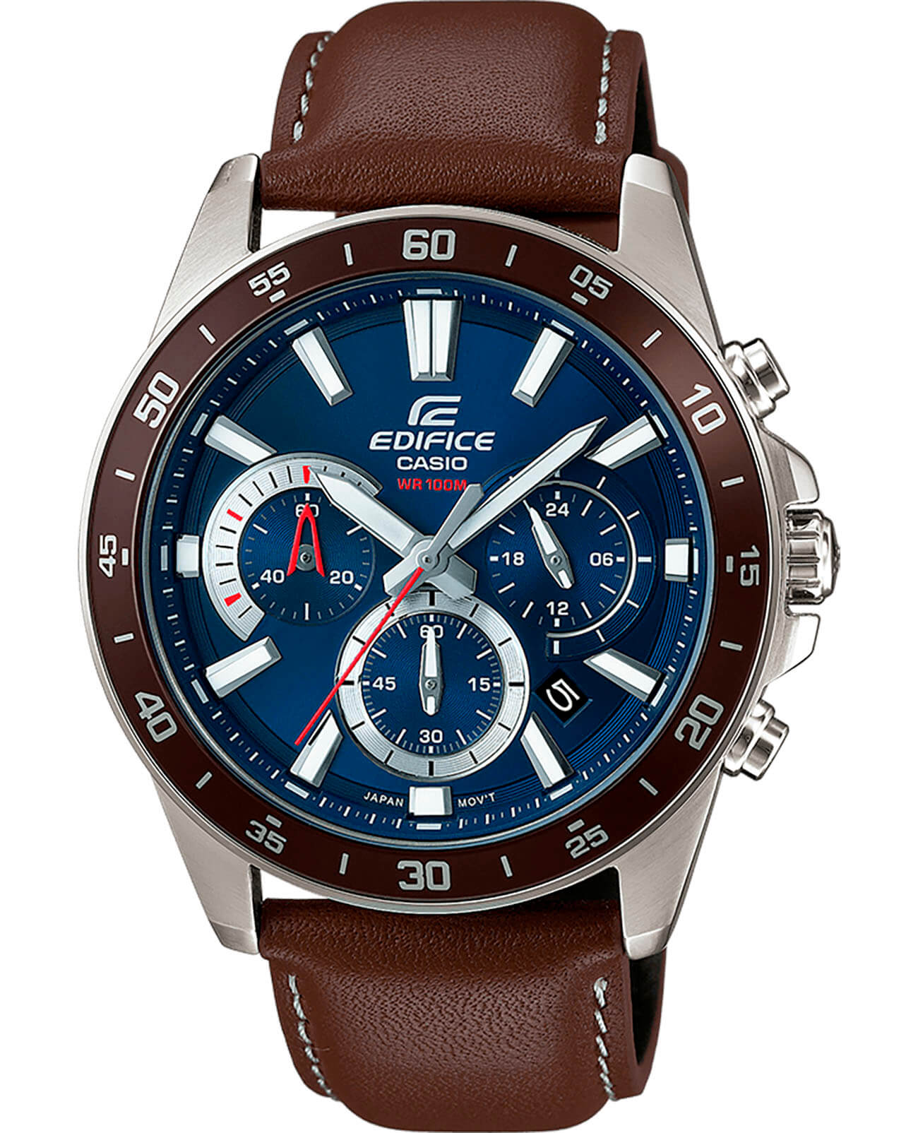 Casio Casio Edifice EFV-570L-2A EFV EFV-570L-2A кварцевые мужские часы синий циферблат, браслет кожаный — вид спереди