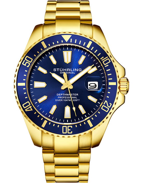 Stuhrling Stuhrling Aquadiver 3950A.8  3950A.8 кварцевые мужские часы синий циферблат, браслет нержавеющая сталь с pvd-покрытием — вид спереди