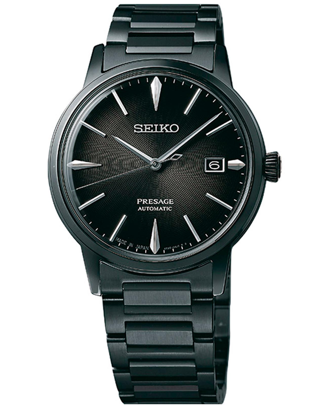 Seiko Seiko Presage SRPJ15J1  SRPJ15J1 механические мужские часы черный циферблат, браслет нержавеющая сталь с pvd-покрытием — вид спереди