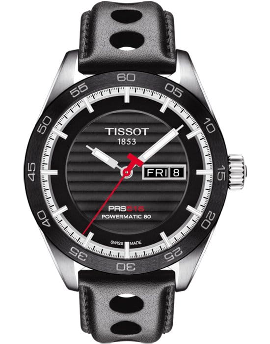 Tissot Tissot PRS 516 Powermatic 80 T100.430.16.051.00 PRS 516 T1004301605100 механические мужские часы черный циферблат, браслет кожаный — вид спереди