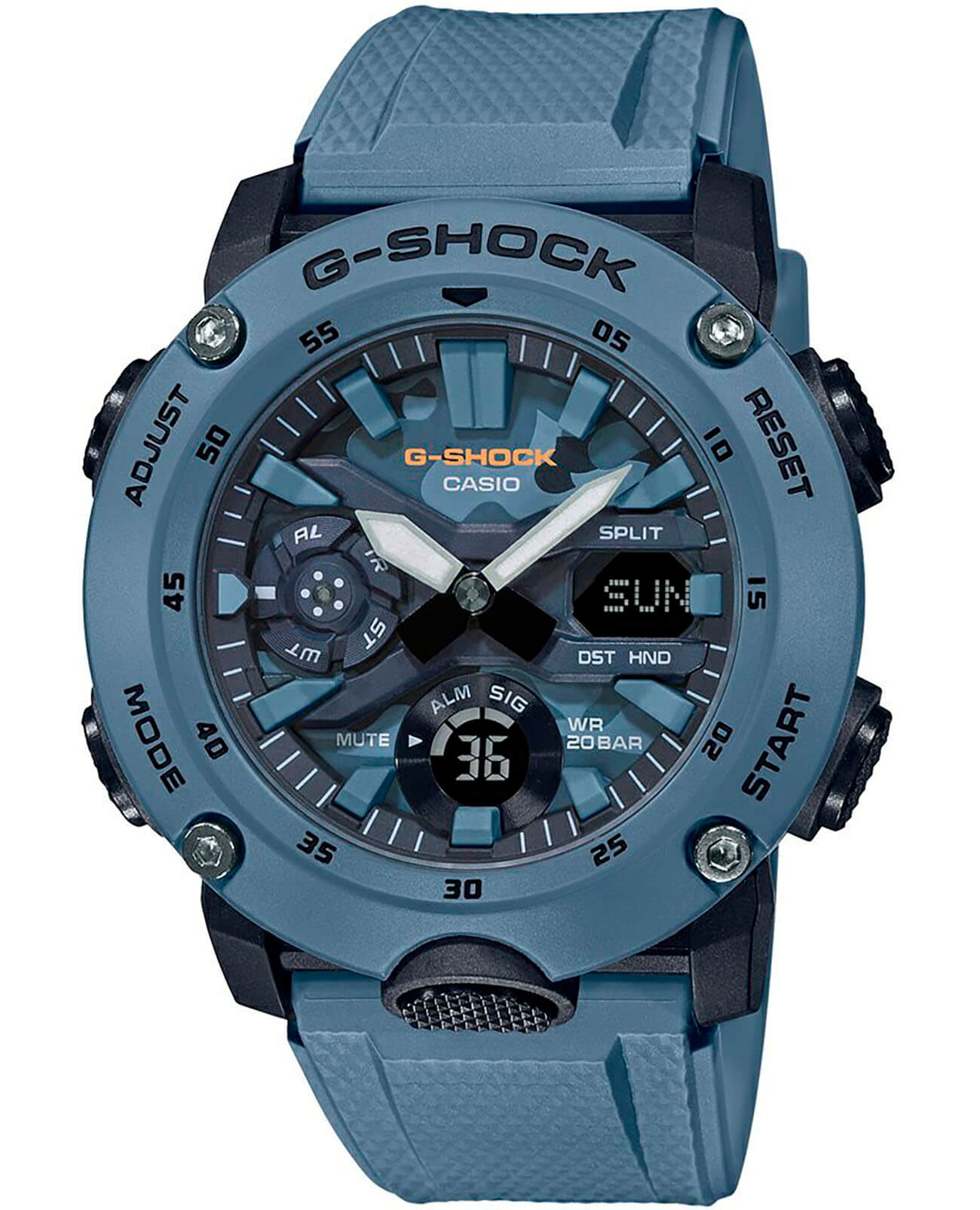 Casio Casio G-Shock GA-2000SU-2A GA-2000 GA-2000SU-2A электронные мужские часы синий циферблат, браслет полимер — вид спереди