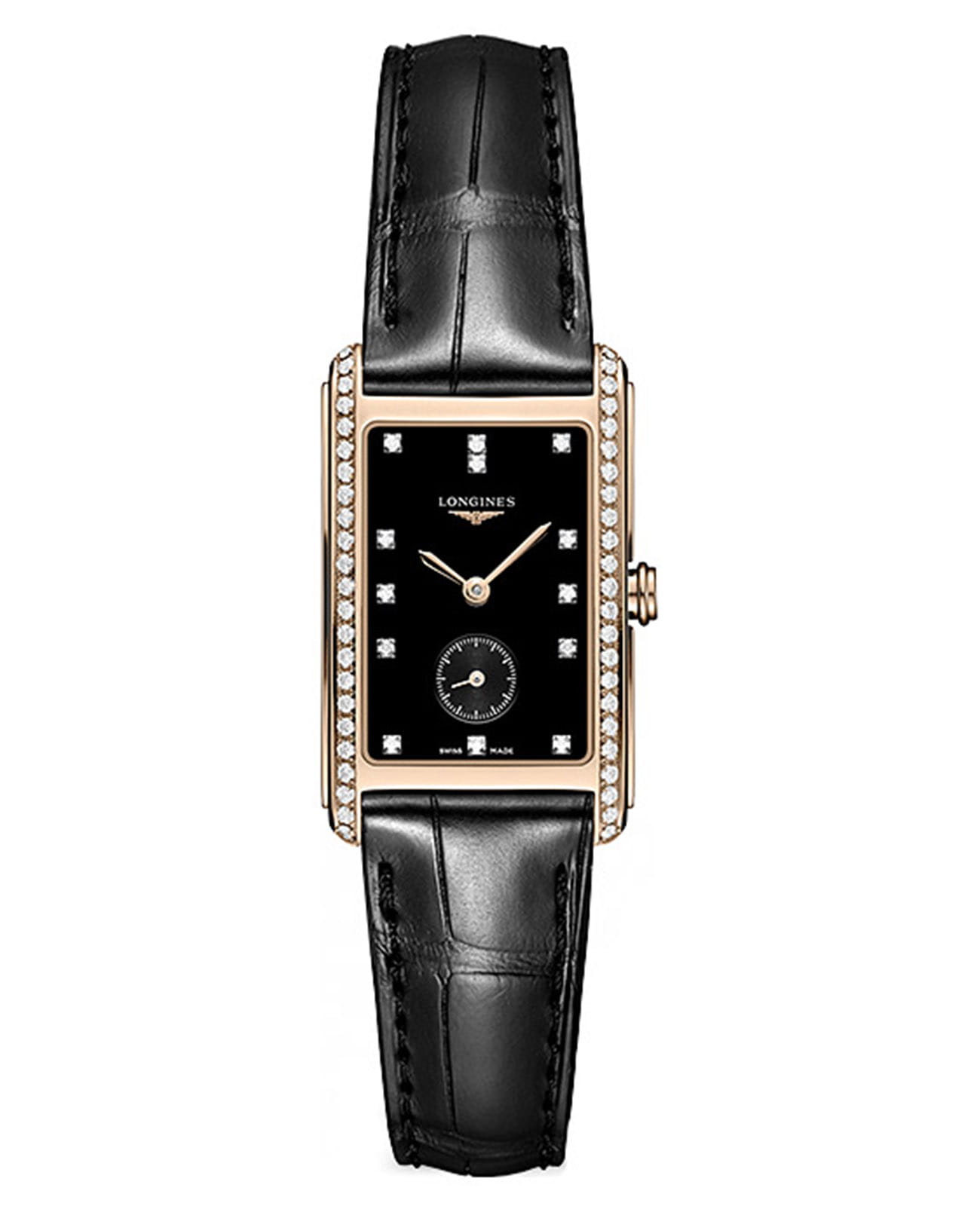 Longines Longines DolceVita L5.512.9.57.0  L55129570 кварцевые женские часы черный циферблат, браслет кожаный — вид спереди