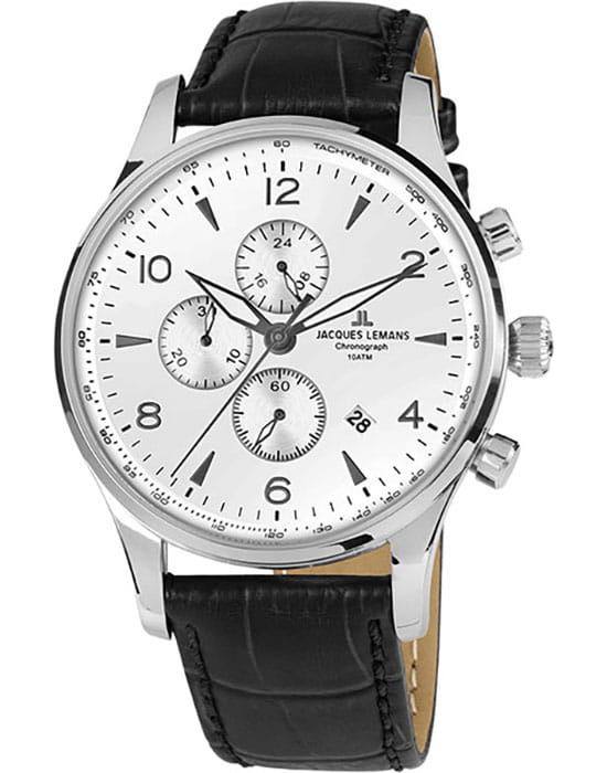 Jacques Lemans Jacques Lemans 1-1844ZB  1-1844ZB кварцевые мужские часы белый циферблат, браслет кожаный — вид спереди