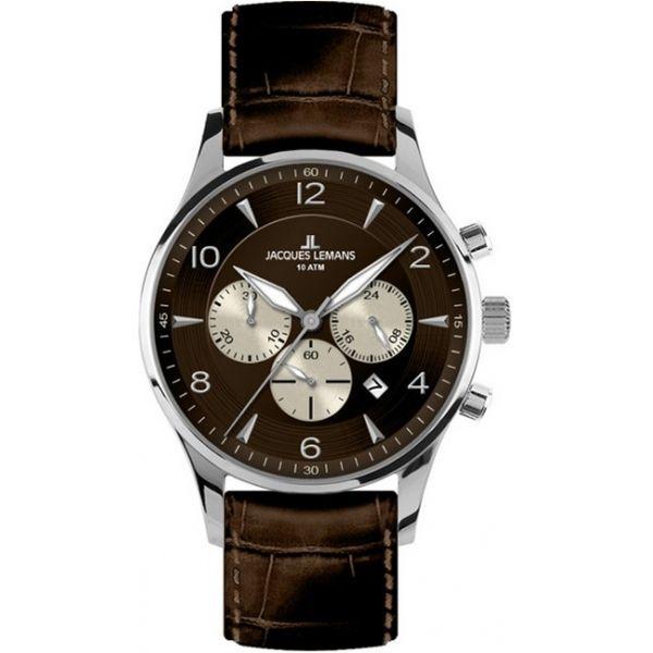 Jacques Lemans Jacques Lemans 1-1654D  1-1654D кварцевые мужские часы коричневый циферблат, браслет кожаный — вид спереди