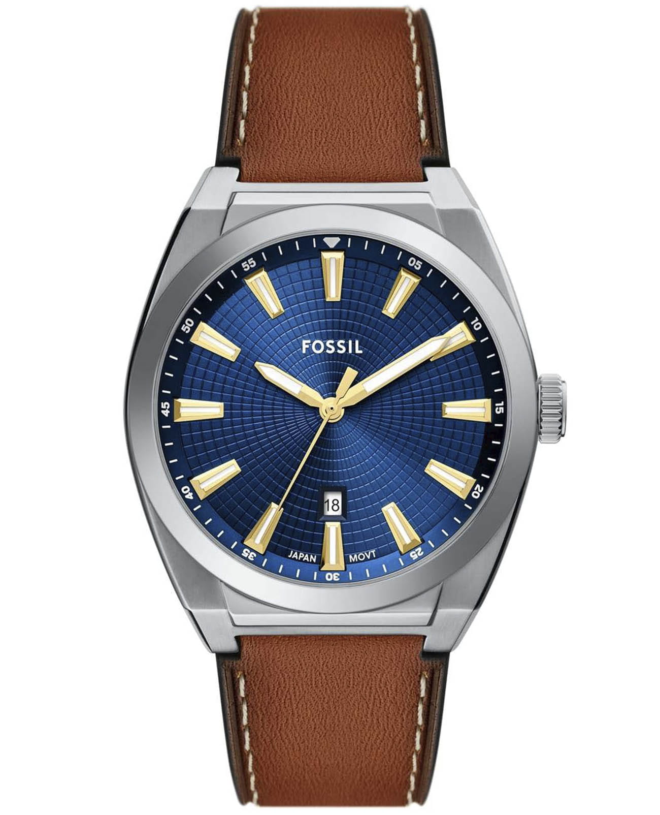 Fossil Fossil Everett FS6115  FS6115 кварцевые мужские часы синий циферблат, браслет кожаный — вид спереди