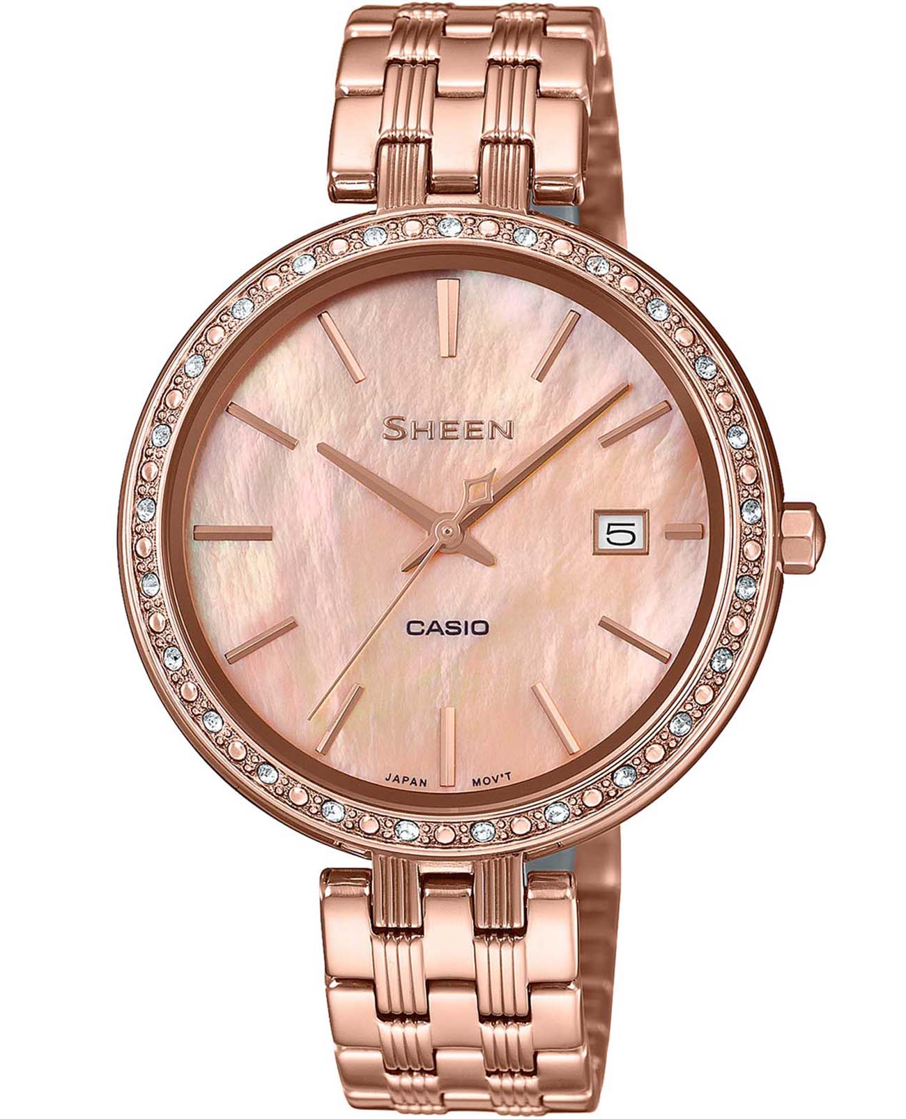 Casio Casio Sheen SHE-4052PG-4AUEF  SHE-4052PG-4A кварцевые женские часы розовый циферблат, браслет 18-каратное желтое золото — вид спереди